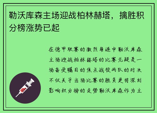 勒沃库森主场迎战柏林赫塔，擒胜积分榜涨势已起